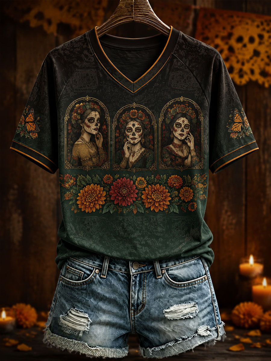 Camiseta estampada con arte del Día de los Muertos mexicano para mujer