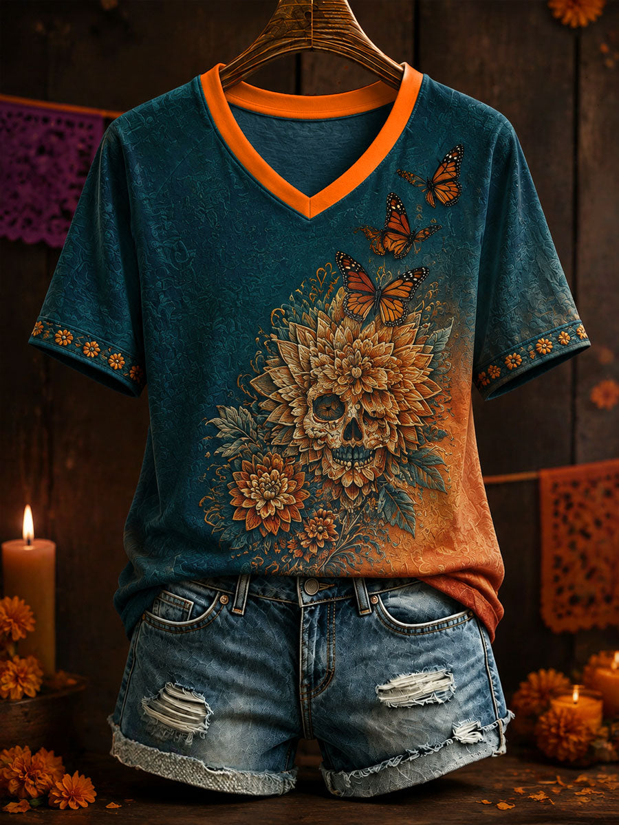 Camiseta estampada con arte del Día de los Muertos mexicano para mujer