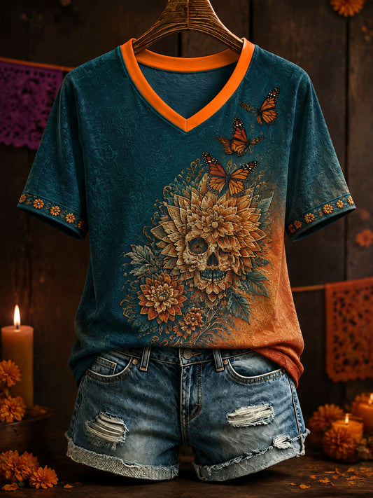 Camiseta estampada con arte del Día de los Muertos mexicano para mujer