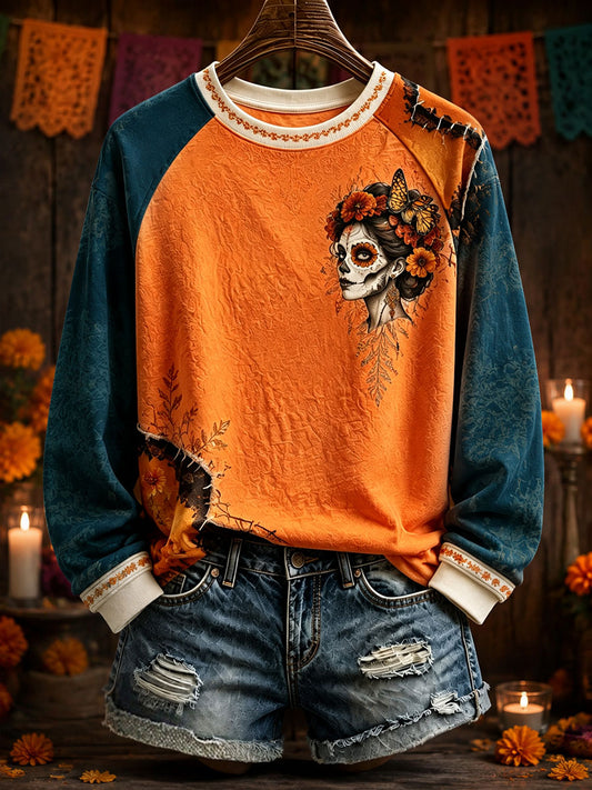 Sudadera estampada con arte del Día de los Muertos mexicano para mujer
