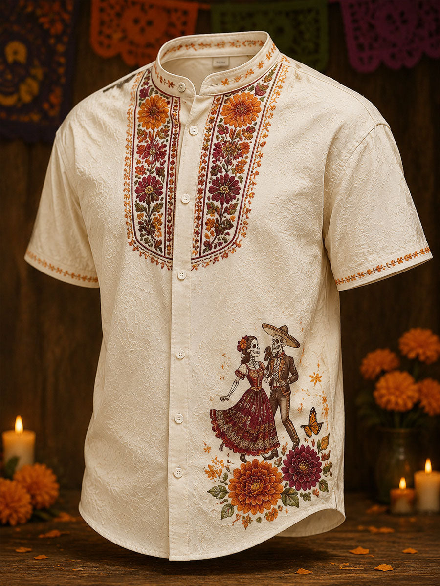 Día de México de los hombres del arte muerto impreso camisa de lino