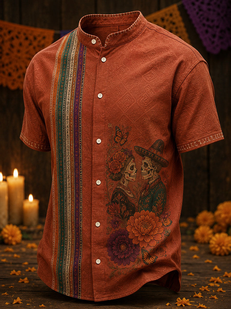 Camisa de lino estampada con diseño mexicano del Día de los Muertos para hombre