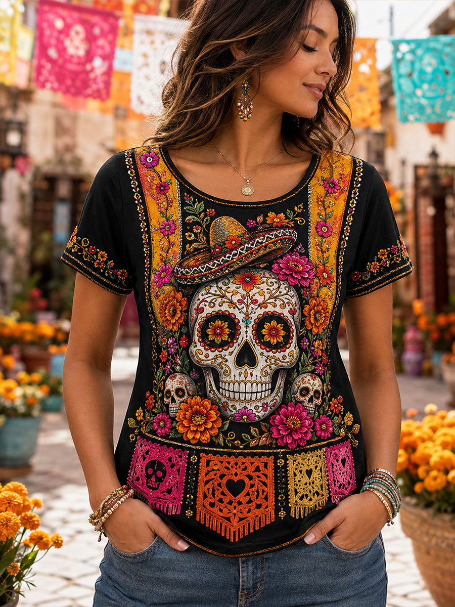 Camiseta de manga corta para mujer del Día de los Muertos de México