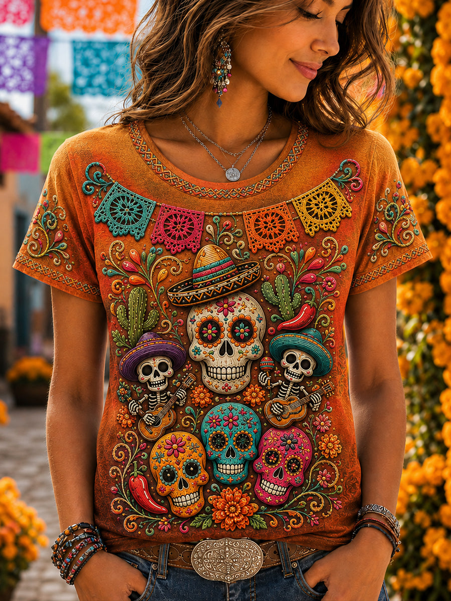 Camiseta de manga corta para mujer con diseño del Día de los Muertos de México