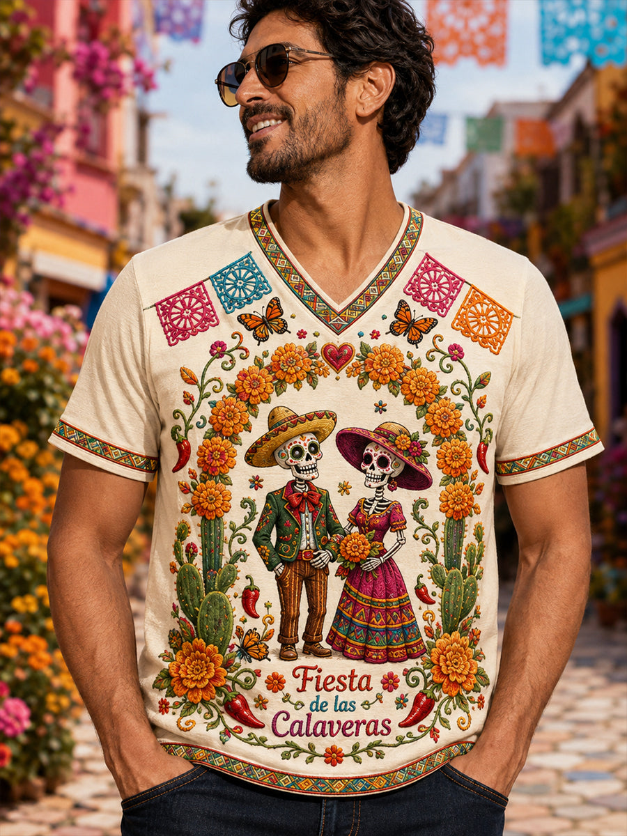 Camiseta con cuello en v para hombre del Día de los Muertos de México
