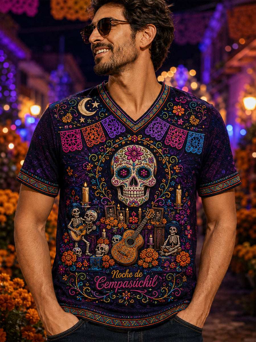 Camiseta de cuello en V para hombre con diseño del Día de los Muertos de México