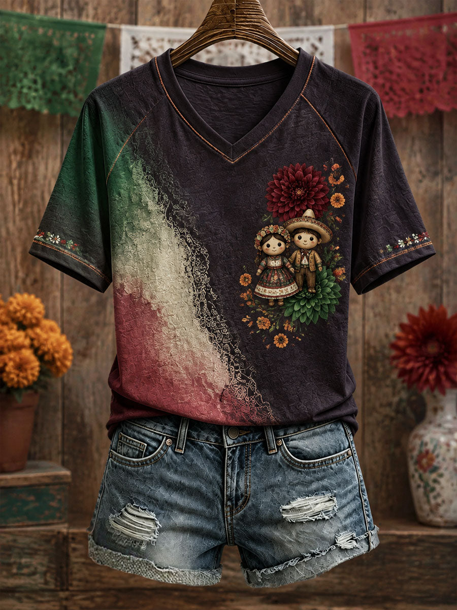 Camiseta estampada con diseño floral de la muñeca Lele mexicana para mujer