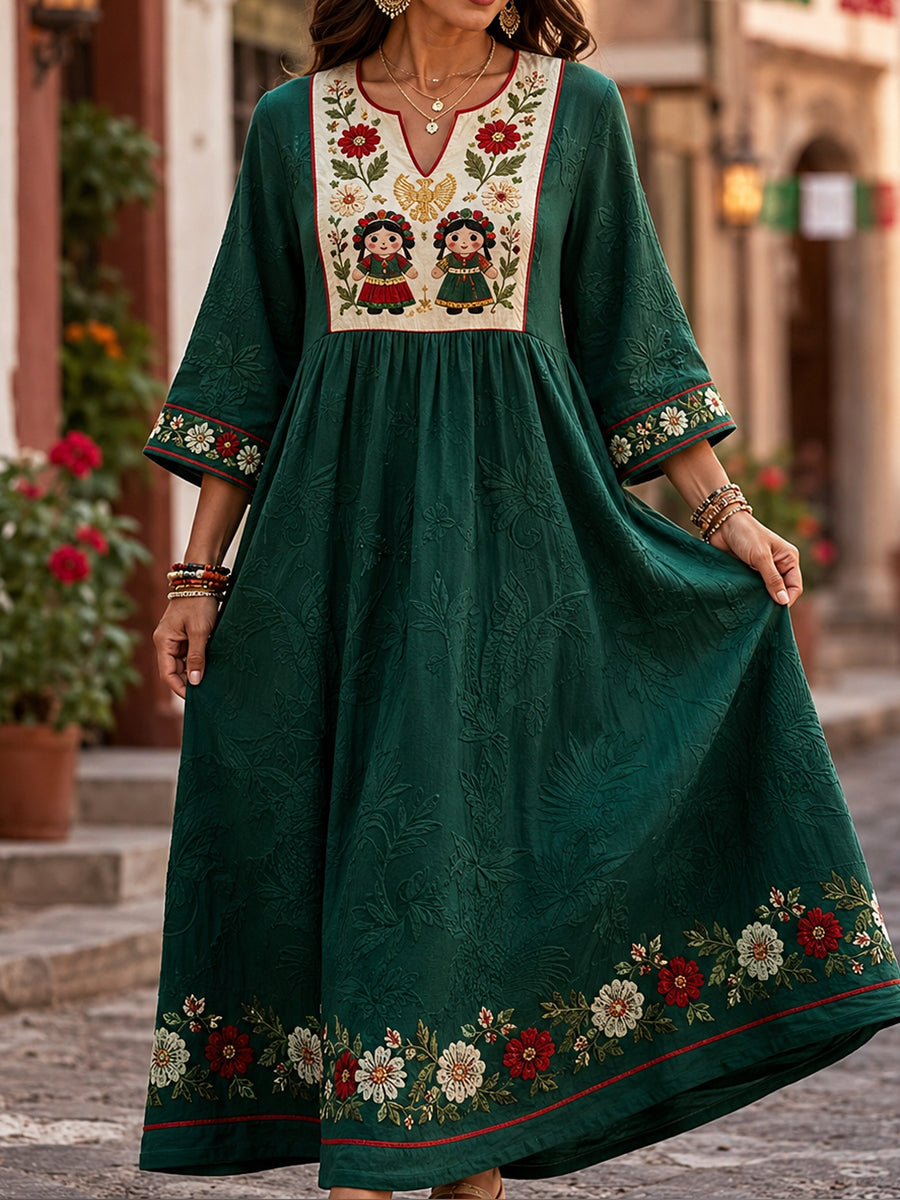 Vestido de lino estampado con diseño floral de muñeca Lele mexicana para mujer