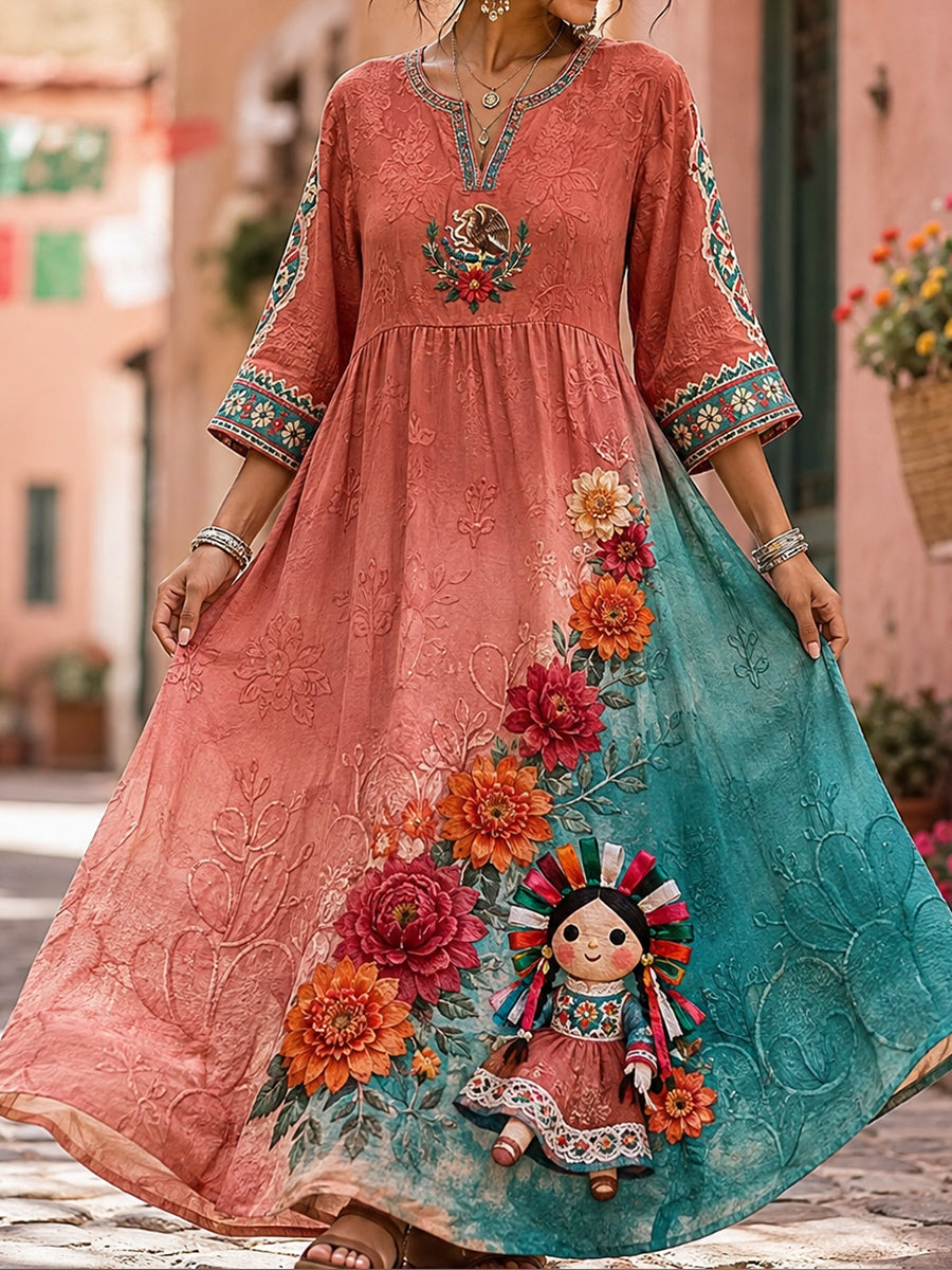 Vestido de lino estampado con diseño floral de muñeca Lele mexicana para mujer