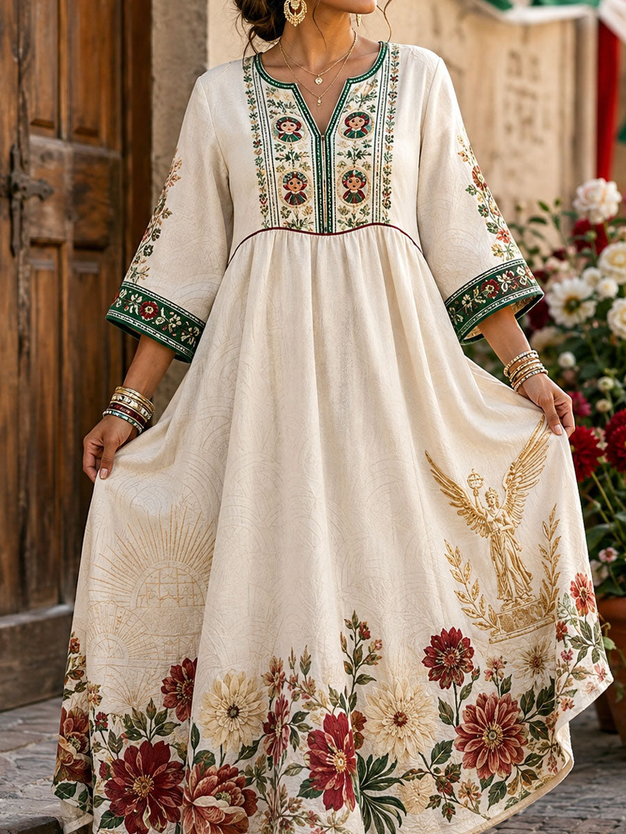 Vestido de lino estampado con diseño floral de muñeca Lele mexicana para mujer
