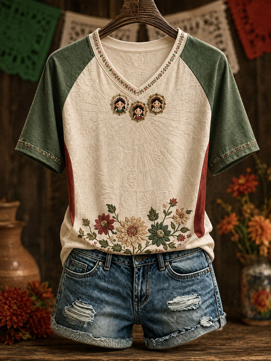 Camiseta estampada con diseño floral de la muñeca Lele mexicana para mujer