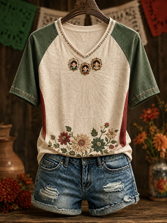 Camiseta estampada con diseño floral de la muñeca Lele mexicana para mujer