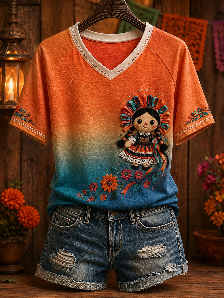 Camiseta estampada con diseño floral de la muñeca Lele mexicana para mujer