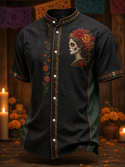 Camisa de lino para hombre con estampado floral mexicano del Día de los Muertos