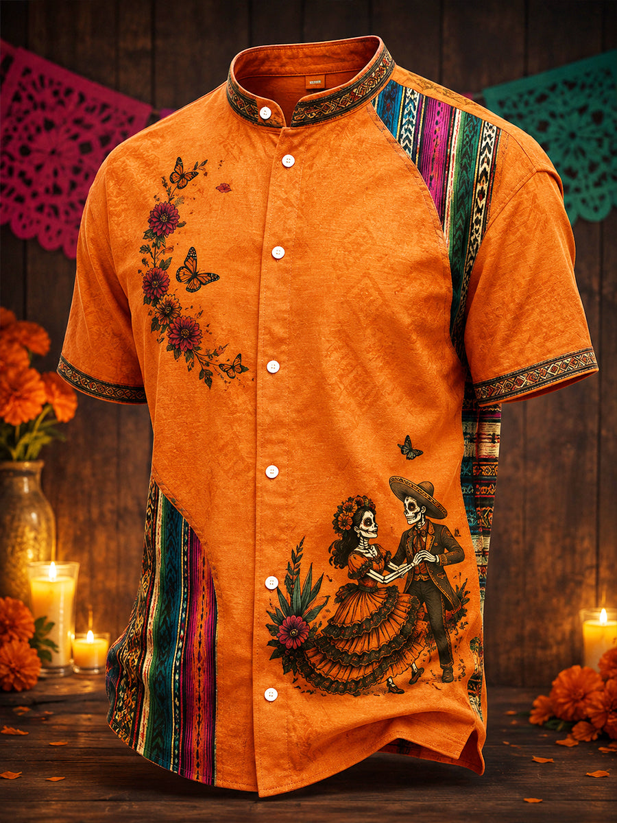 Camisa de lino para hombre con estampado floral mexicano del Día de los Muertos