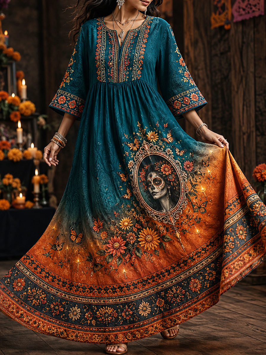 Día de México de las mujeres del arte floral muerto impreso vestido de lino