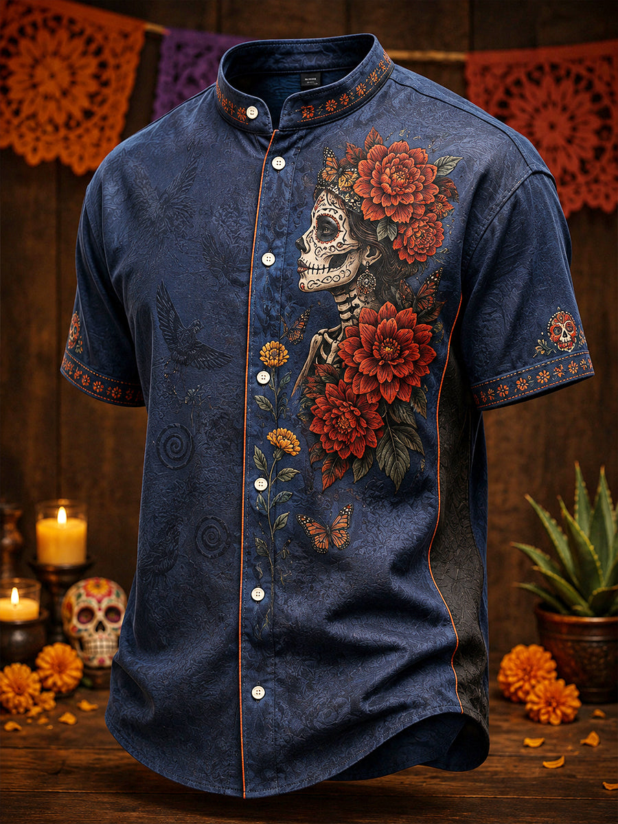 Día de México de los hombres del arte floral muerto impreso camisa de lino