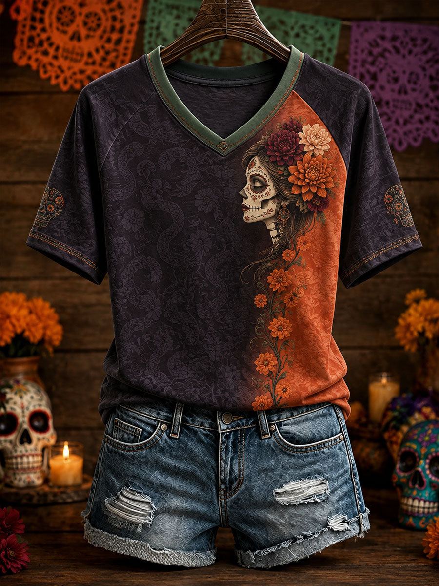 Camiseta estampada con arte floral del Día de los Muertos mexicano para mujer