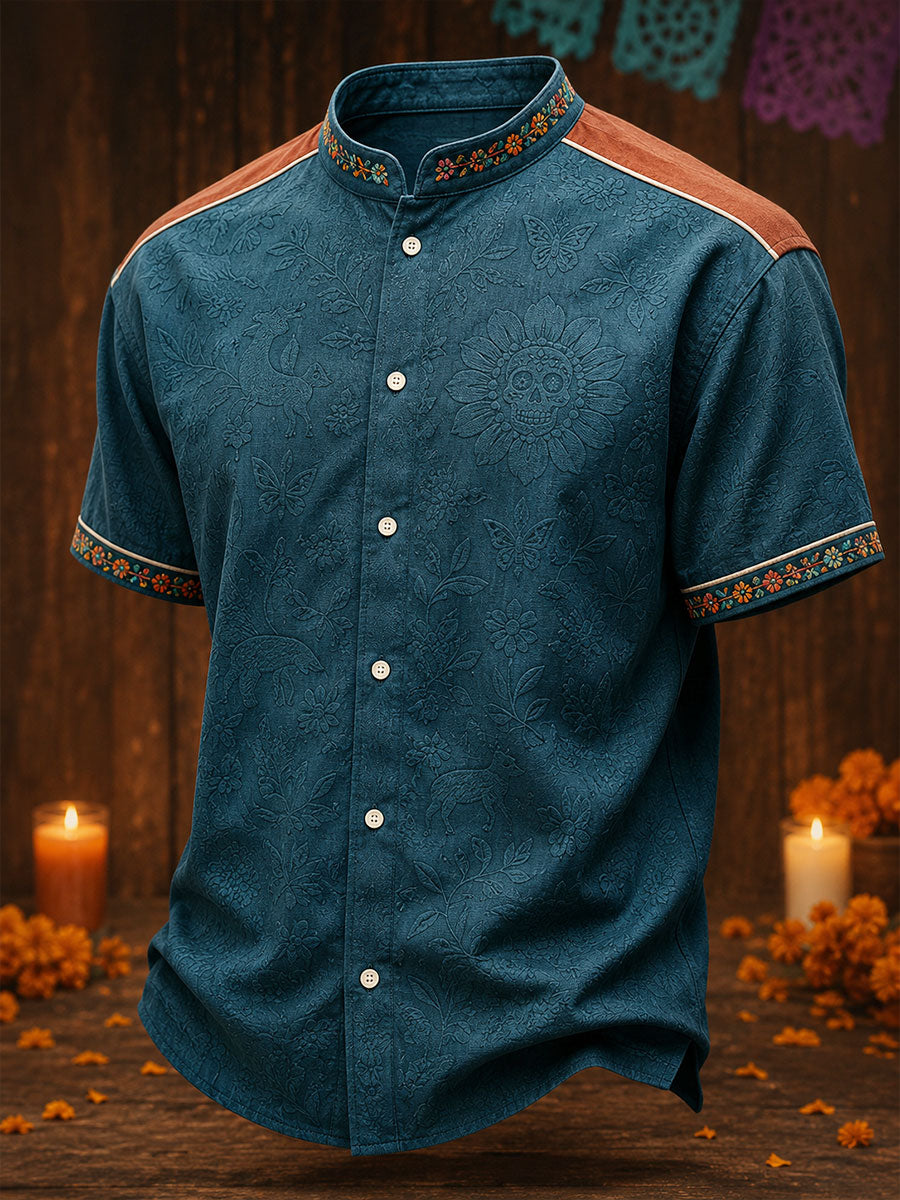 Camisa de lino para hombre con estampado floral mexicano del Día de los Muertos