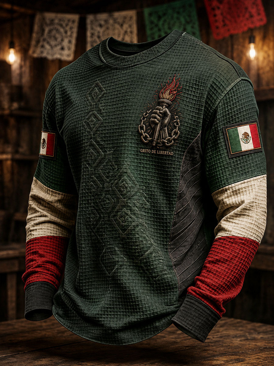 Sudadera de waffle con estampado artístico del Día de la Independencia de México para hombre