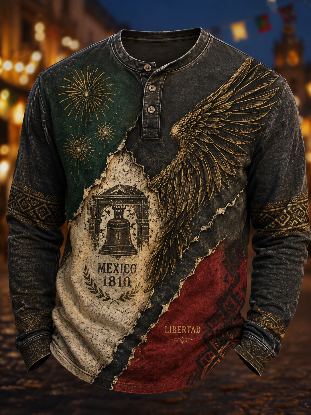 Camiseta casual de botones para el Día de la Independencia de México, para hombre