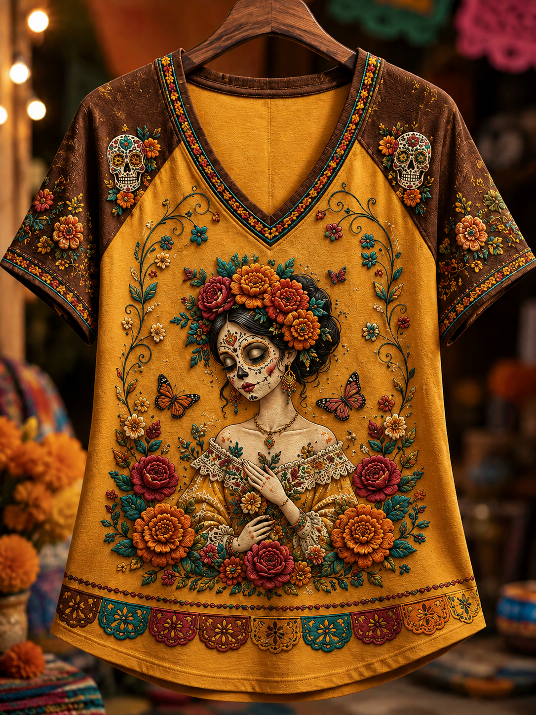 Camiseta de mujer con cuello en V y hombros descubiertos, de manga corta, inspirada en el Día de los Muertos