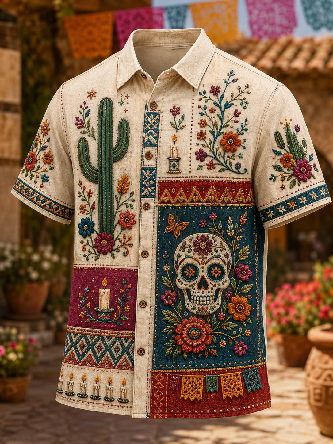 Camisa de manga corta con estampado de arte de día de los muertos para hombre