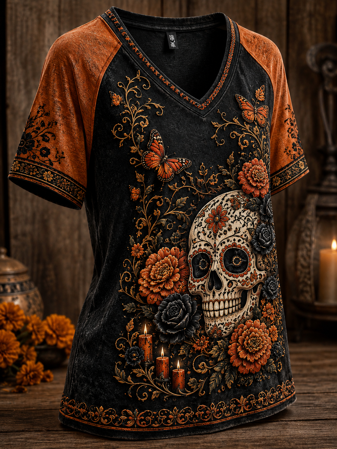 Camiseta de manga corta con cuello en V para mujer