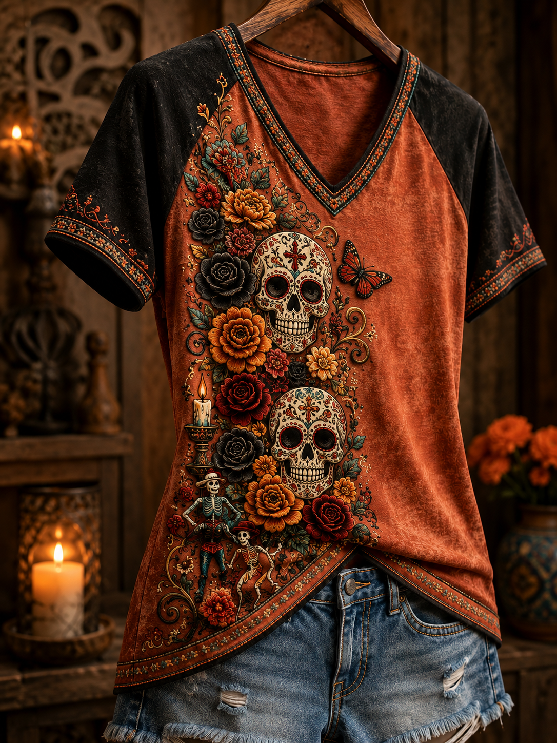 Camiseta de mujer con cuello en V y hombros descubiertos, de manga corta, inspirada en el Día de los Muertos