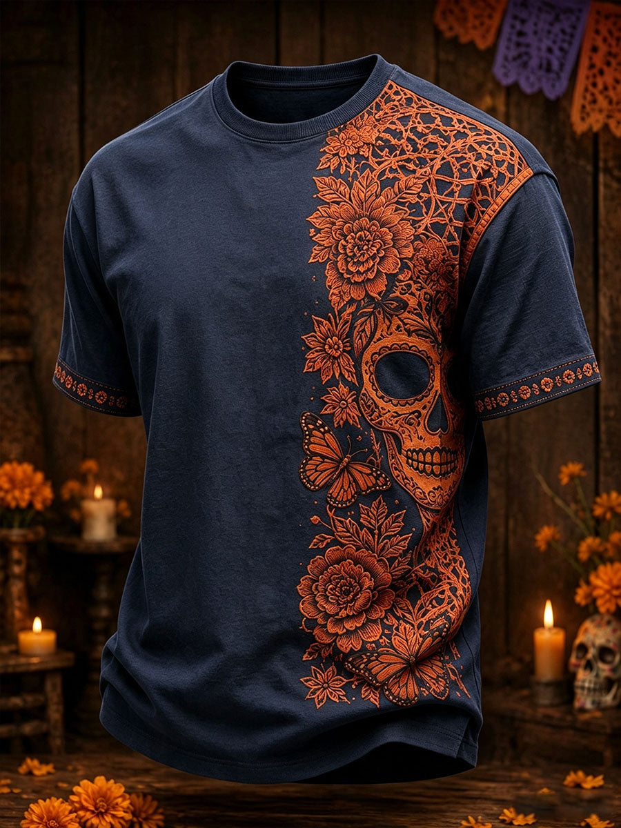 Hombres México Día de los muertos arte floral impreso camiseta