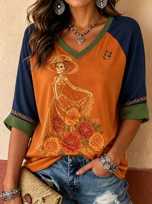Día de México de las mujeres del arte floral muerto impreso camiseta de lino