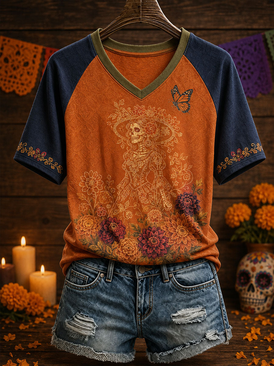 Camiseta estampada con arte floral del Día de los Muertos mexicano para mujer
