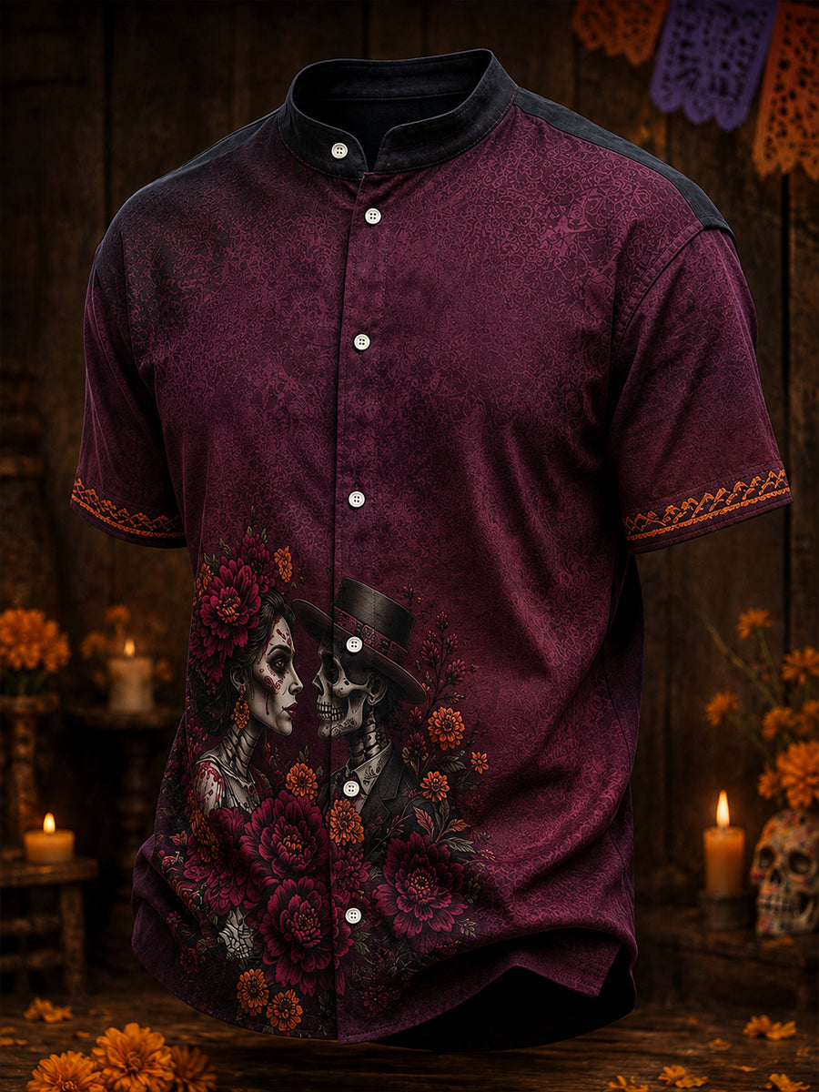 Camisa de lino para hombre con estampado floral mexicano del Día de los Muertos