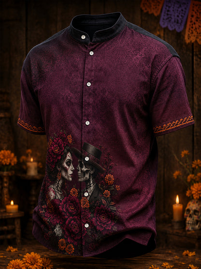 Camisa de lino para hombre con estampado floral mexicano del Día de los Muertos