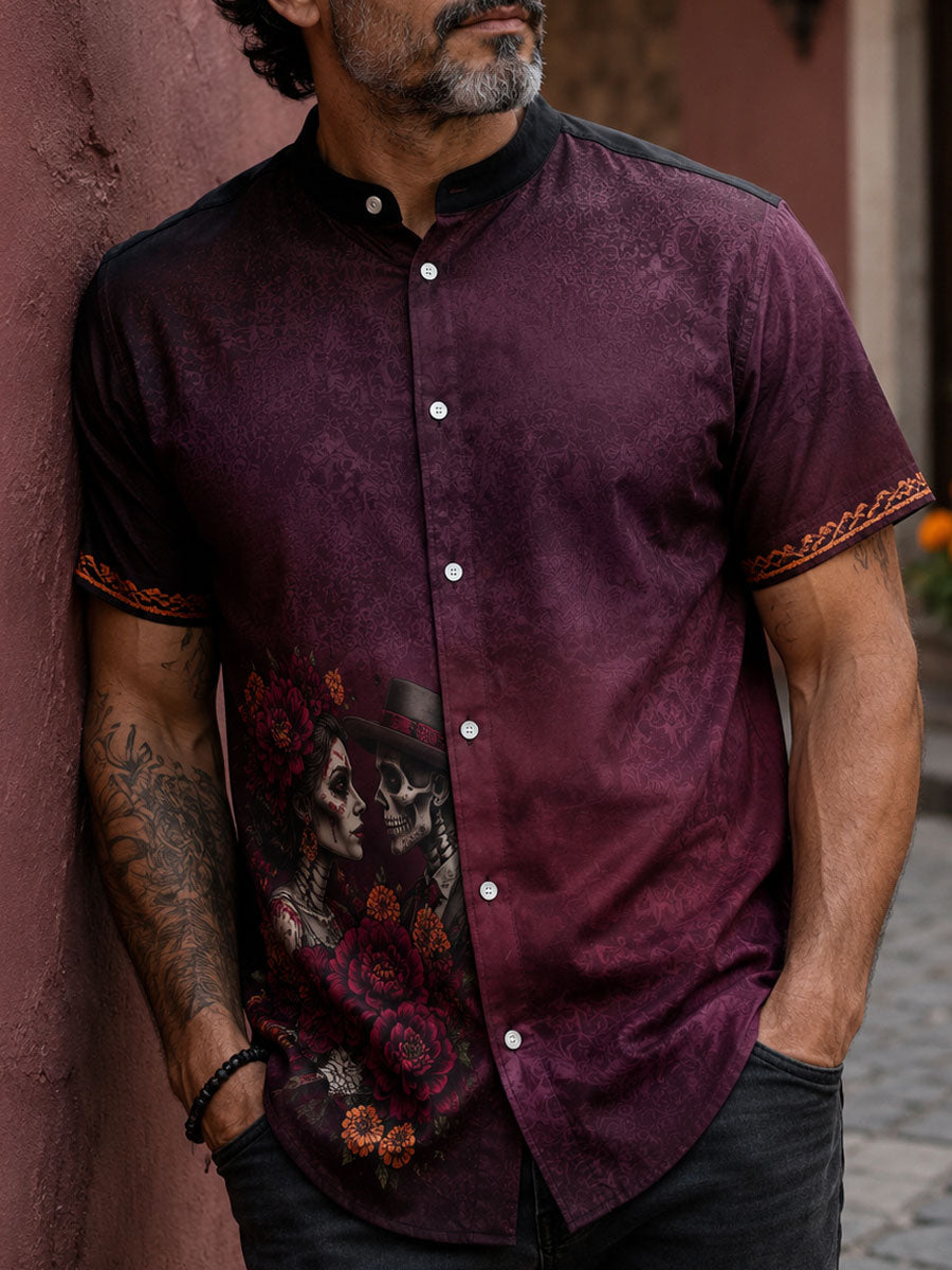 Camisa de lino para hombre con estampado floral mexicano del Día de los Muertos