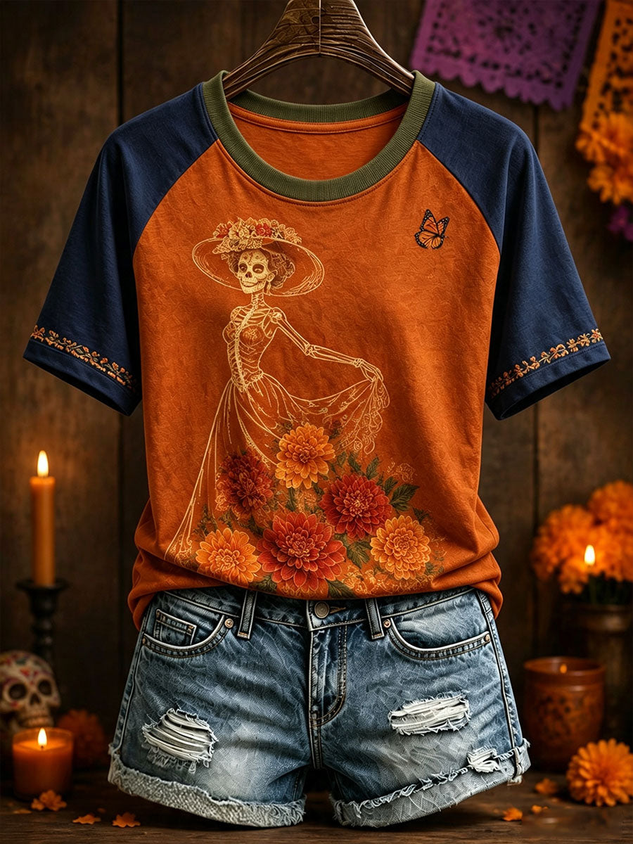Camiseta estampada con arte floral del Día de los Muertos mexicano para mujer
