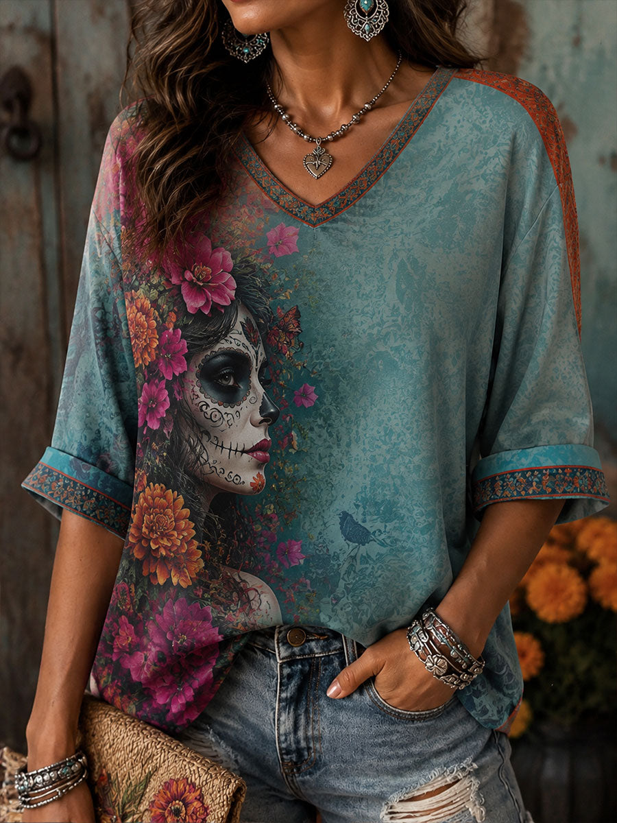 Camiseta de lino para mujer con estampado floral del Día de los Muertos mexicano
