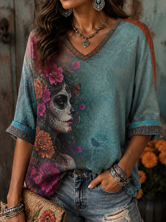 Camiseta de lino para mujer con estampado floral del Día de los Muertos mexicano