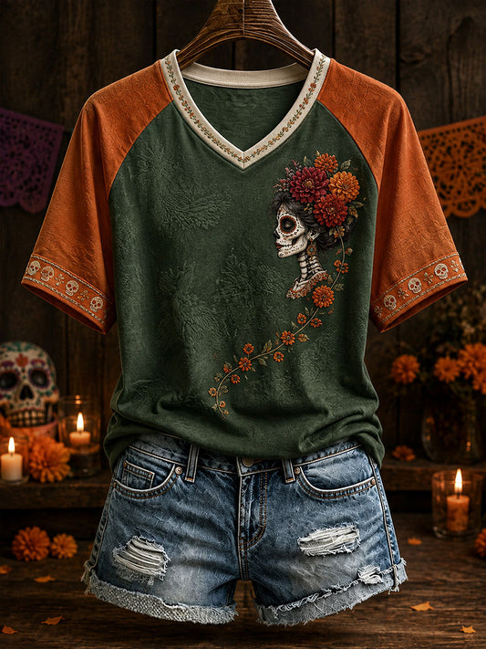 Camiseta estampada con arte floral del Día de los Muertos mexicano para mujer