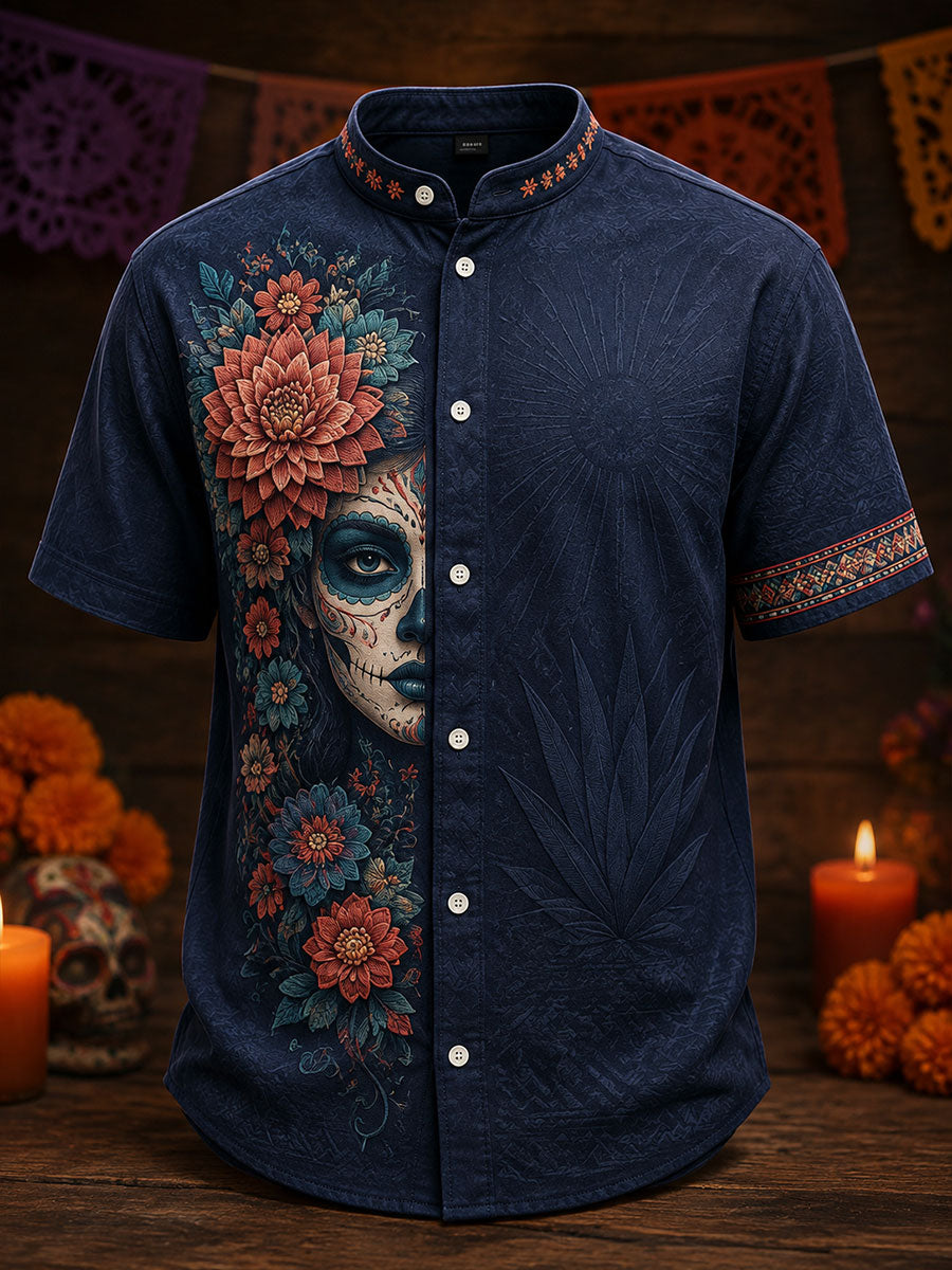Camisa de lino para hombre con estampado floral mexicano del Día de los Muertos