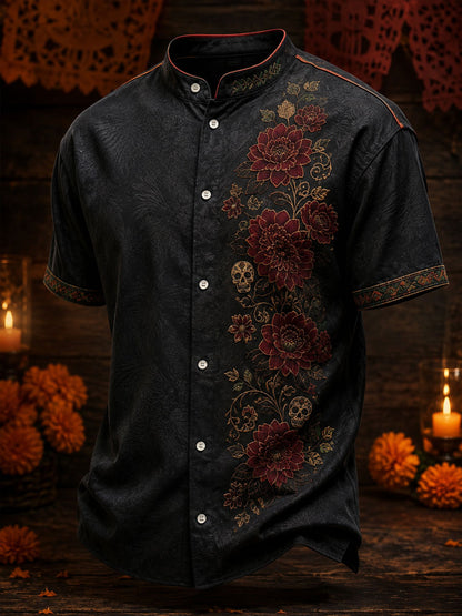 Camisa de lino para hombre con estampado floral mexicano del Día de los Muertos