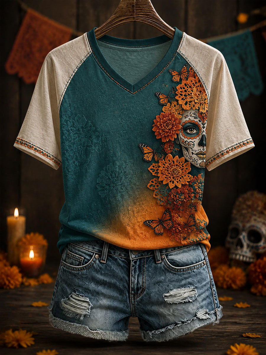 Camiseta estampada con arte floral del Día de los Muertos mexicano para mujer