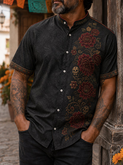 Camisa de lino para hombre con estampado floral mexicano del Día de los Muertos