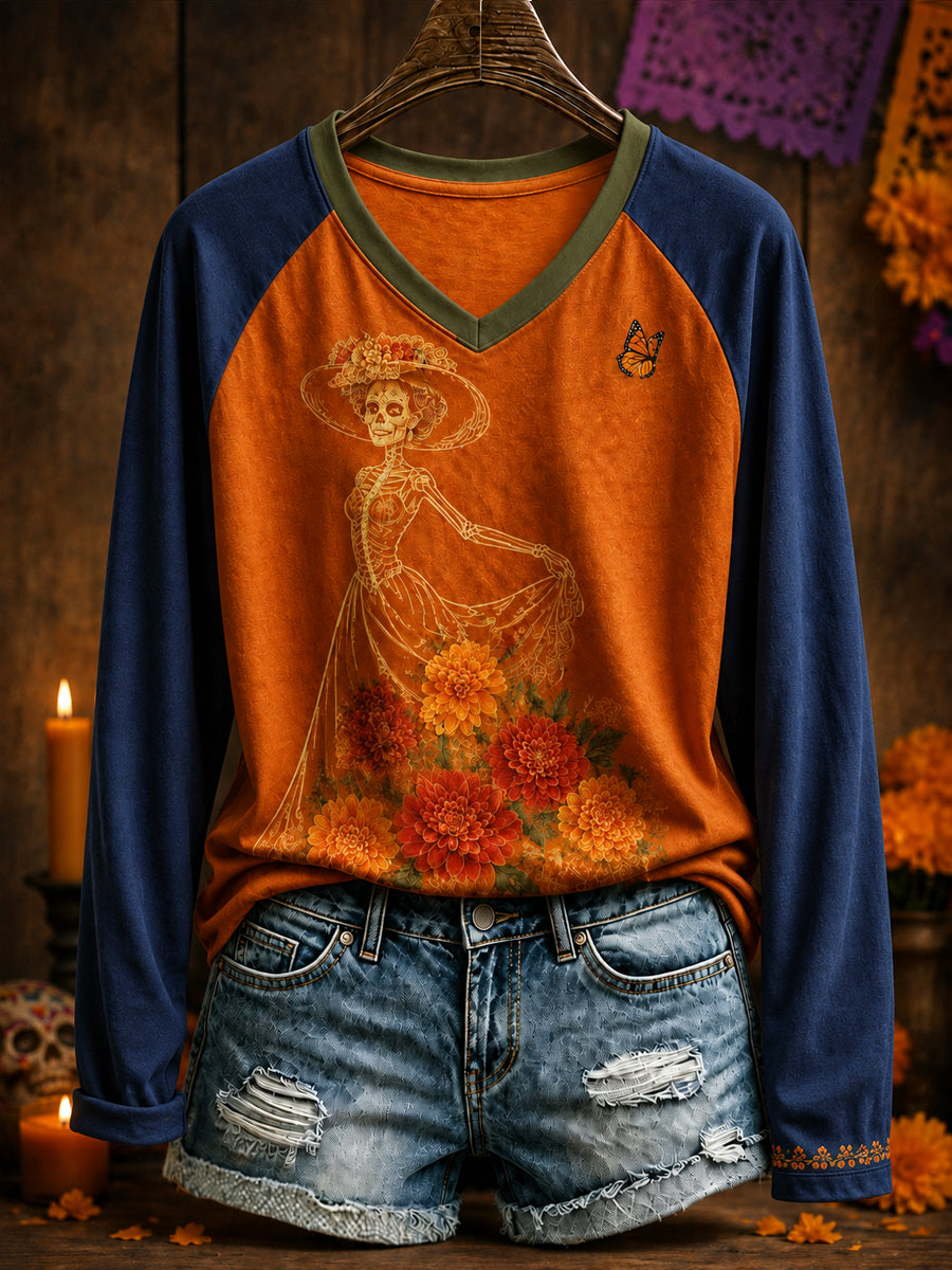 Camiseta estampada con arte floral del Día de los Muertos mexicano para mujer