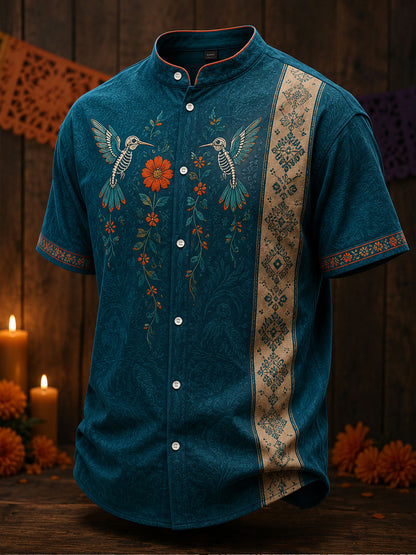 Camisa de lino para hombre con estampado floral mexicano del Día de los Muertos