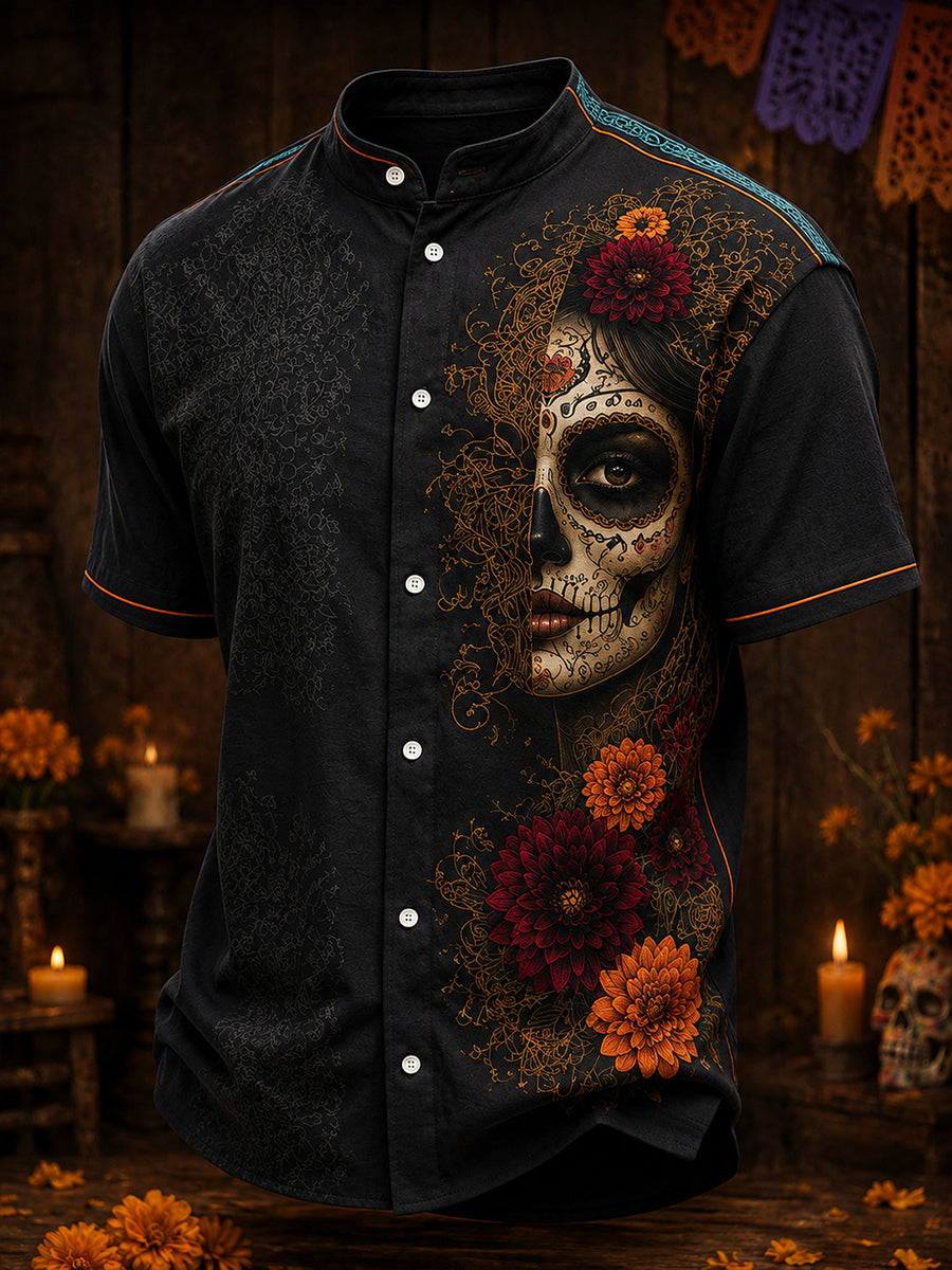 Camisa de lino para hombre con estampado floral mexicano del Día de los Muertos