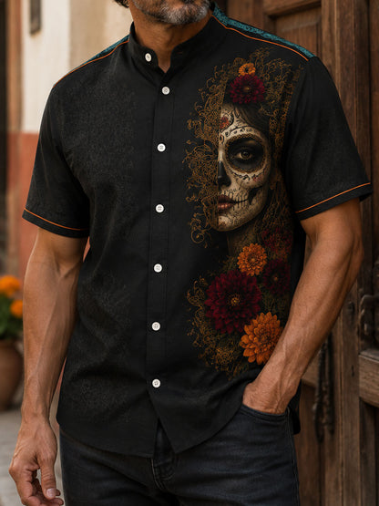 Camisa de lino para hombre con estampado floral mexicano del Día de los Muertos