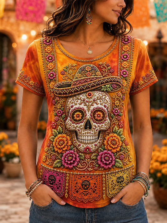 Camiseta de manga corta para mujer con diseño del Día de los Muertos de México
