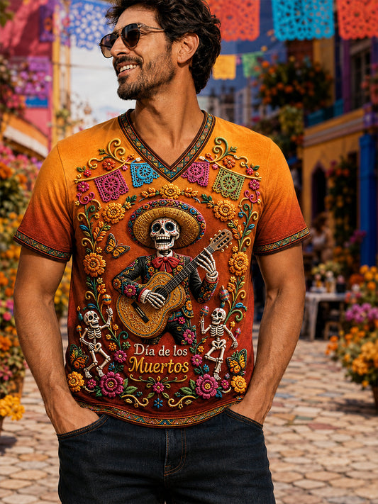 Camiseta con cuello en V para hombre del día de los muertos de México