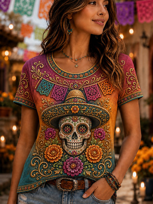 Camiseta de manga corta para mujer con diseño del Día de los Muertos de México
